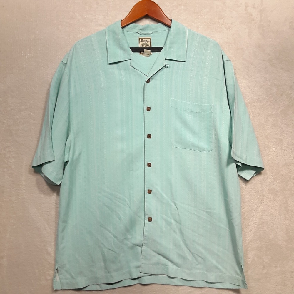 Montego Mon Mens Short Sleeve Button Shirt Sz.L/Blue/100% Silk/Stitch Print
